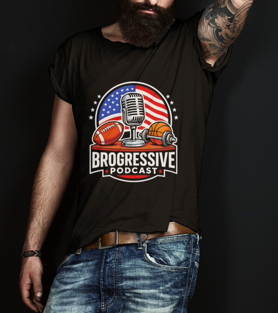Brogressive Podcast American Flag Microphone Football Dumbbell Stars T-Shirt