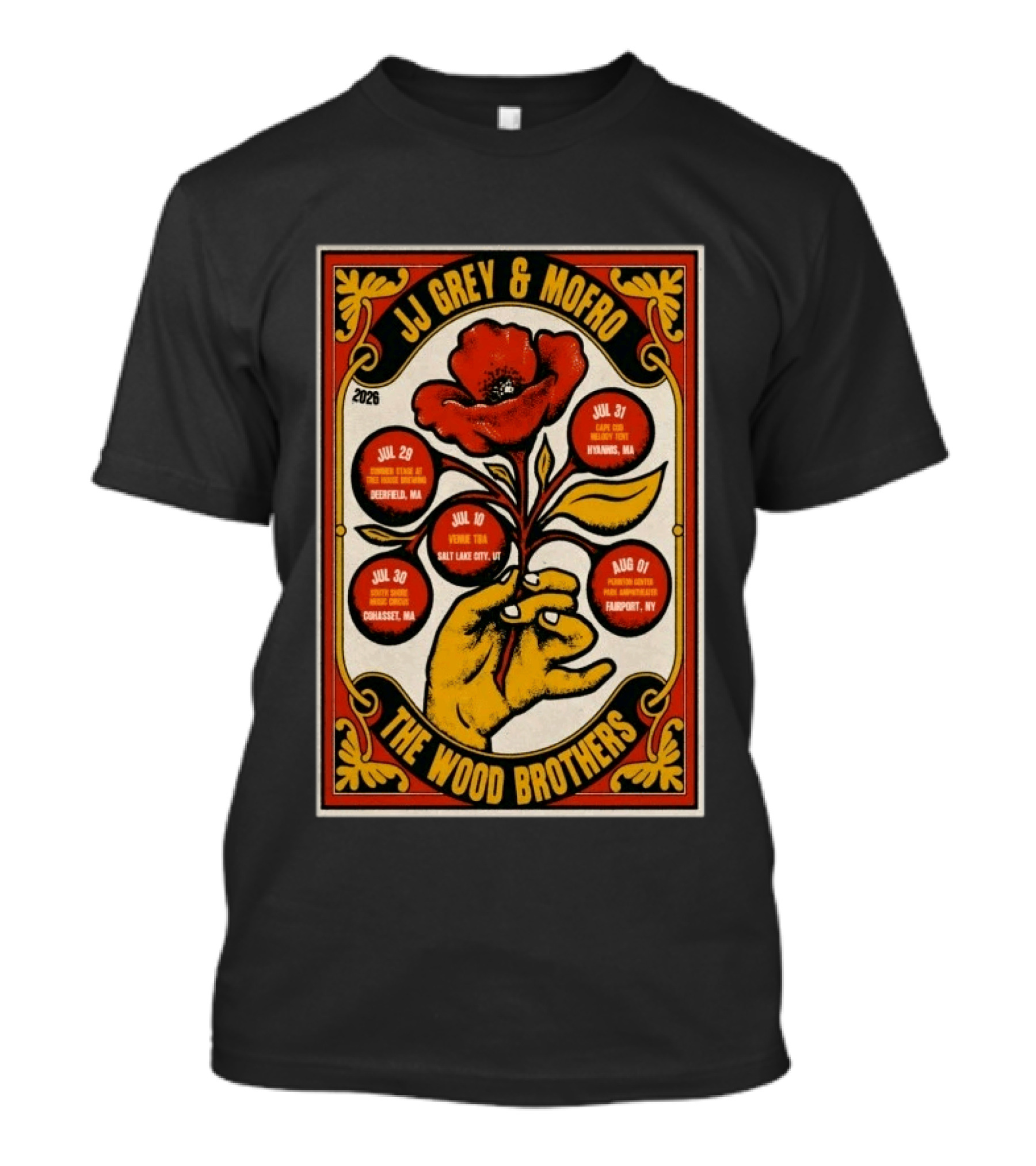 JJ Grey & Mofro The Wood Brothers 2026 Summer Tour Deerfield Salt Lake City Cohasset Hyannis Fairport T-Shirt