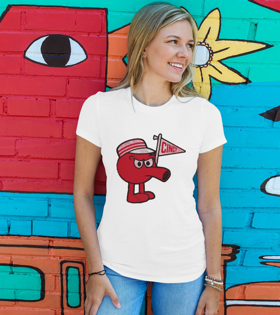 Cincy Redbert Cartoon Character With Striped Hat And Flag T-Shirt