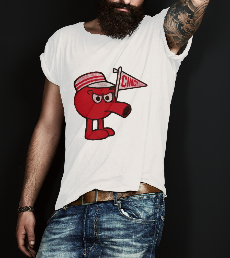 Cincy Redbert Cartoon Character With Striped Hat And Flag T-Shirt
