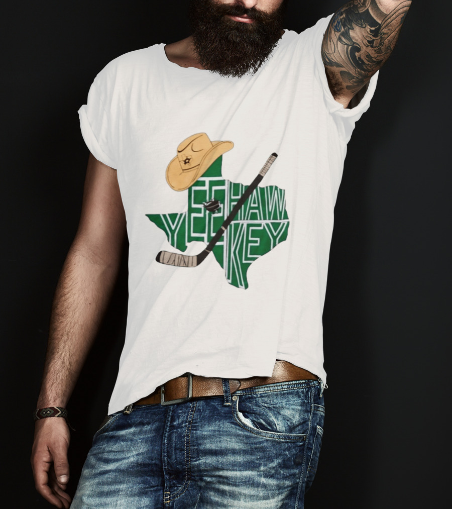 Texas Hockey Yeehaw Stars Cowboy Hat Hockey Stick 2026 Casey DeSmith Jake Oettinger Appreciation Night T-Shirt