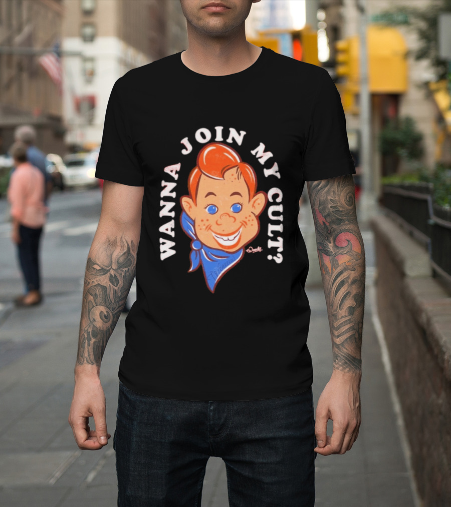 Woody Wanna Join My Cult Retro Style Cartoon Face And Blue Bandana T-Shirt