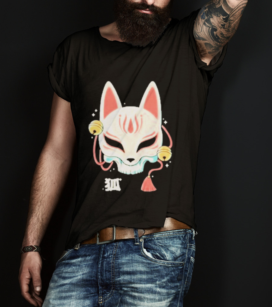 Lonely Club Kitsune Skull Mask With Bells And Kanji T-Shirt