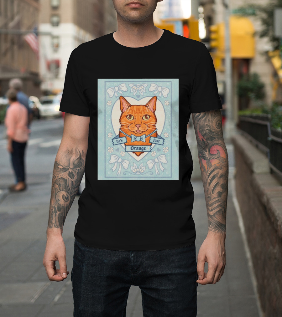 He's Just Orange Cat Floral Bow Blue T-Shirt