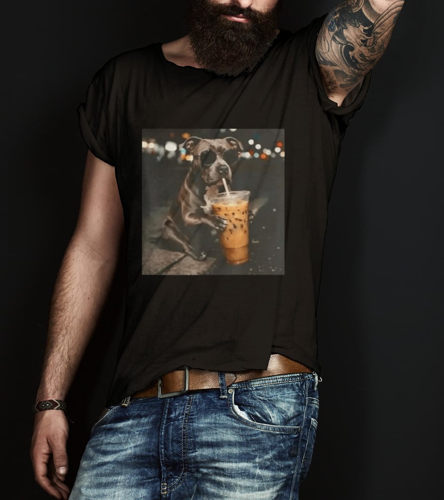 Rottweiler Dog With Sunglasses Sipping Iced Coffee T-Shirt