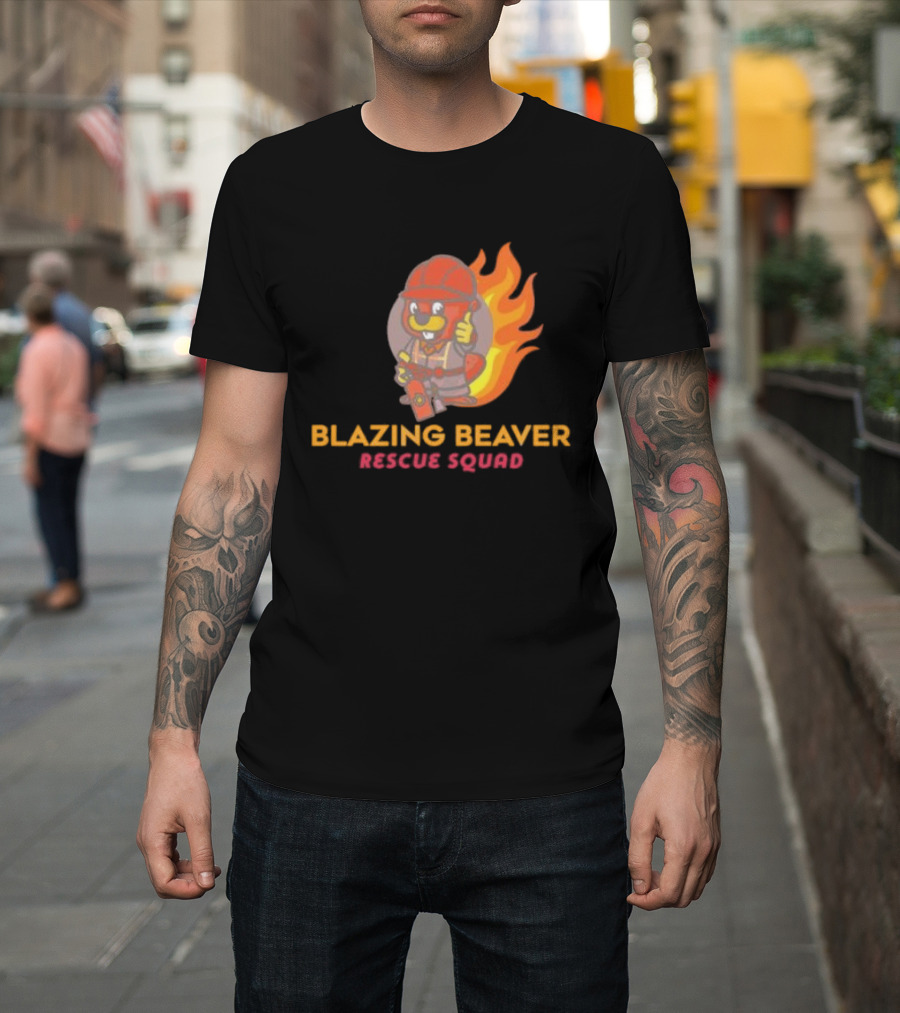 Blazing Beaver Rescue Squad Firefighter Cartoon With Flames T-Shirt