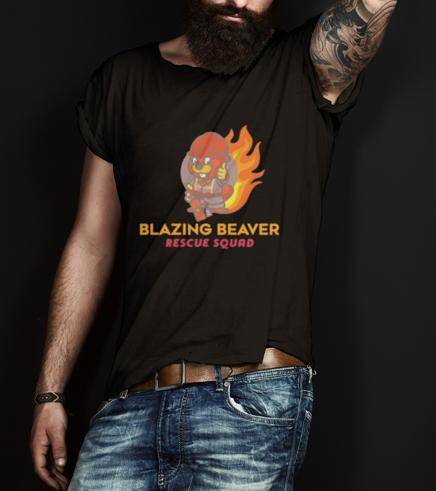 Blazing Beaver Rescue Squad Firefighter Cartoon With Flames T-Shirt