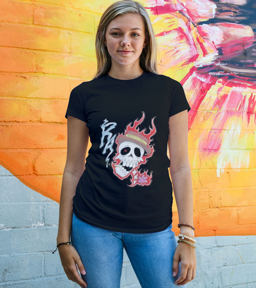 Rare Americans Skull With Flames And Hat Flower T-Shirt