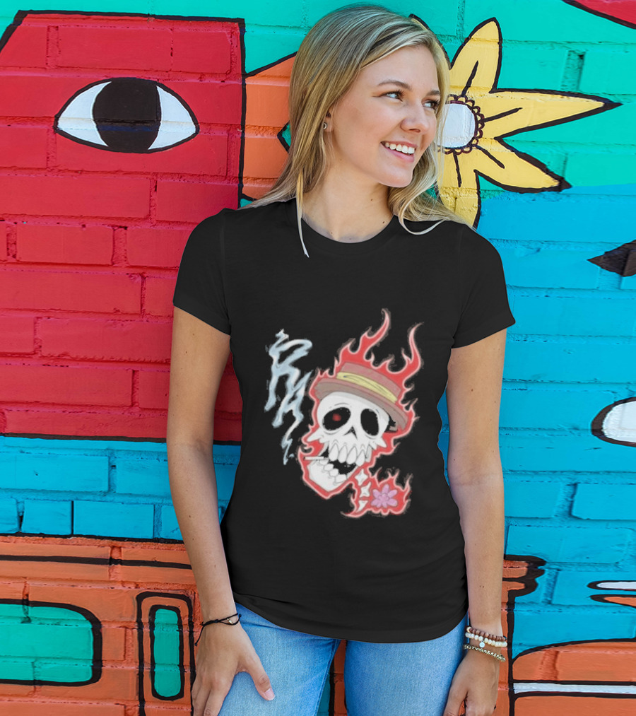 Rare Americans Skull With Flames And Hat Flower T-Shirt