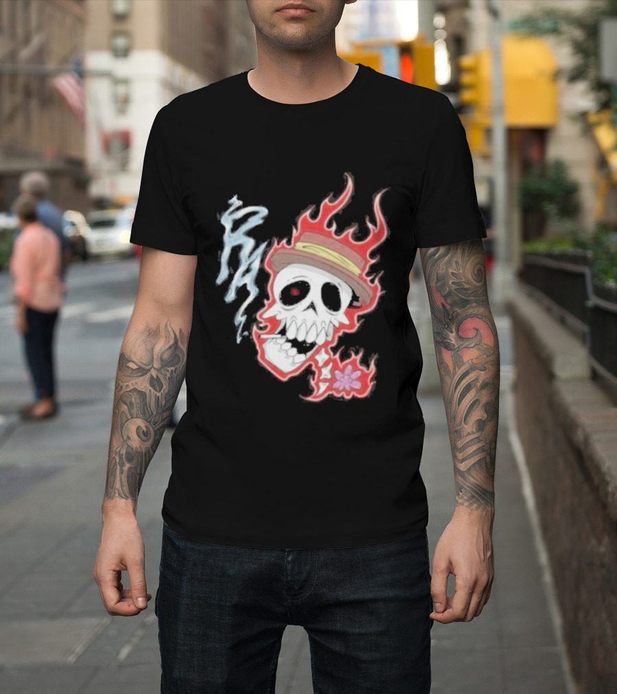 Rare Americans Skull With Flames And Hat Flower T-Shirt