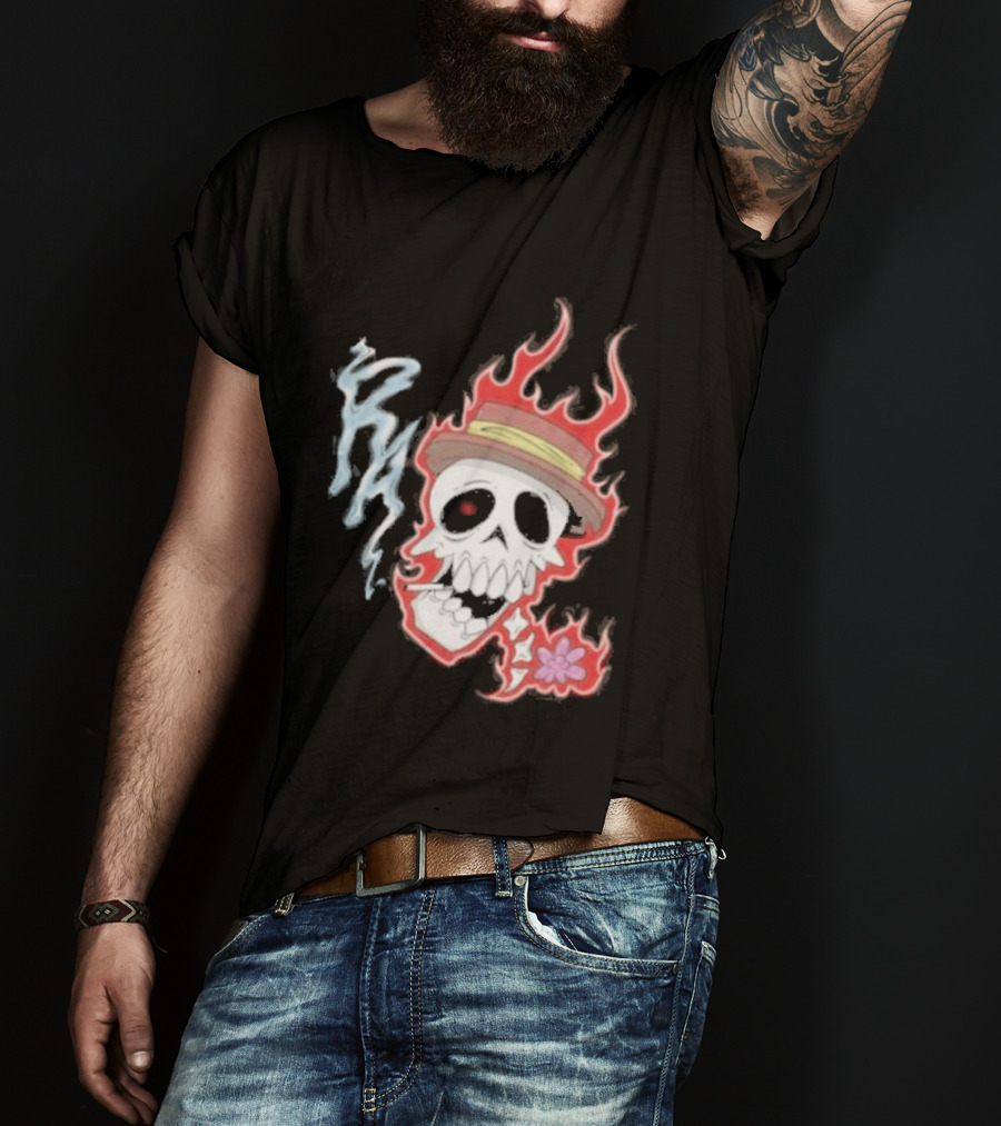 Rare Americans Skull With Flames And Hat Flower T-Shirt