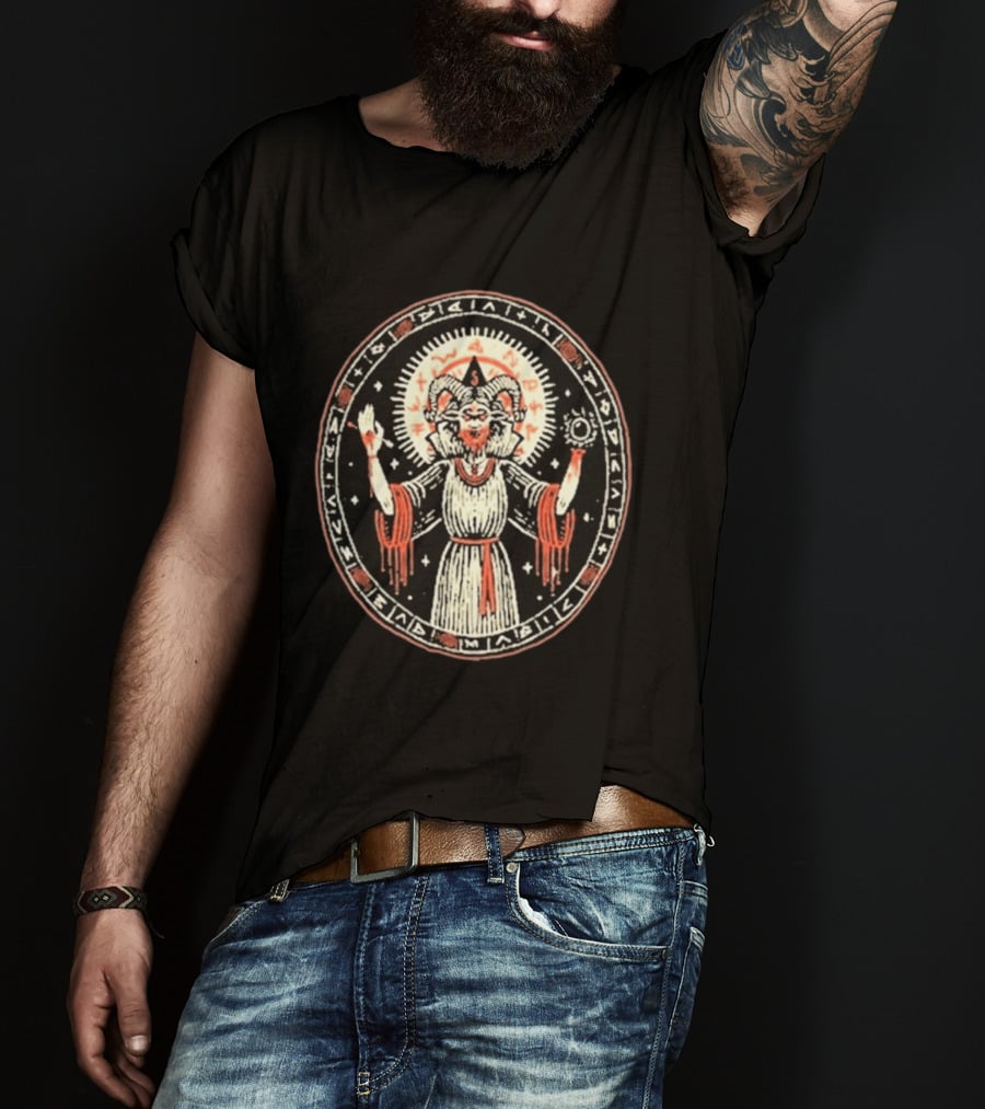 Mystical Symbolic Figure With Horned Cosmic Demon Ritual T-Shirt