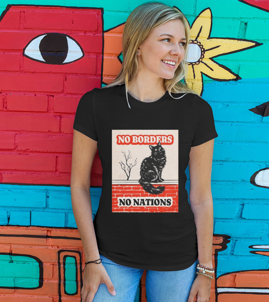 No Borders No Nations Cat Black Feline On Brick Wall T-Shirt