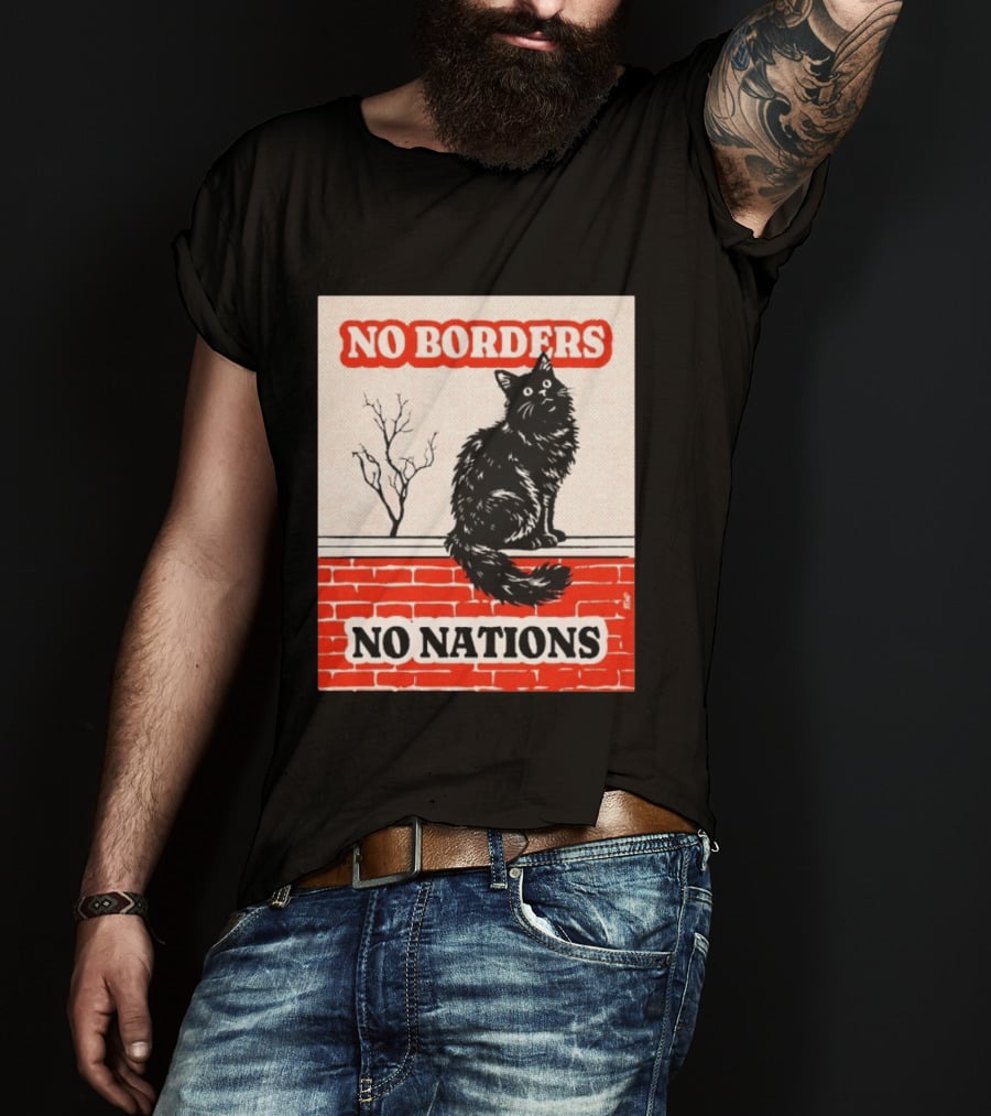 No Borders No Nations Cat Black Feline On Brick Wall T-Shirt