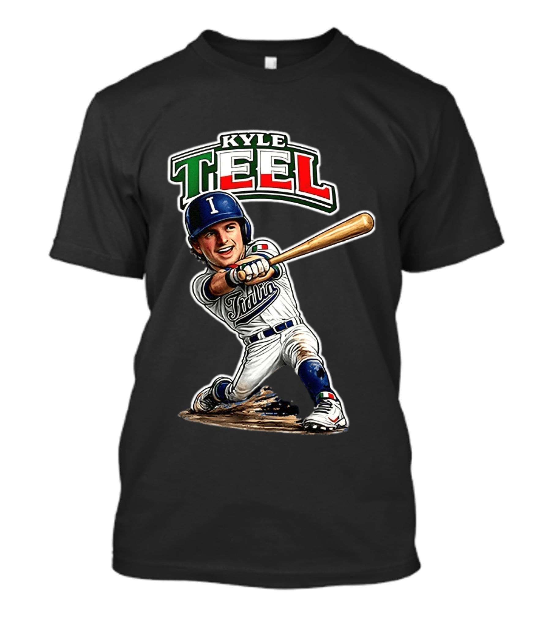 Kyle Teel Italy Baseball Classic Caricature Italy Flag Colors Batting Action T-Shirt