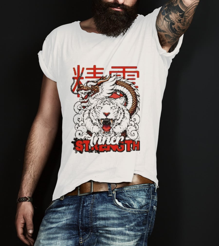 Inner Strength Tiger Dragon Kanji Art Fusion T-Shirt