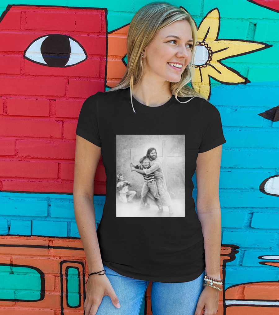 Jesus As A Coach With Children Playing Baseball In Front Of A Cross T-Shirt