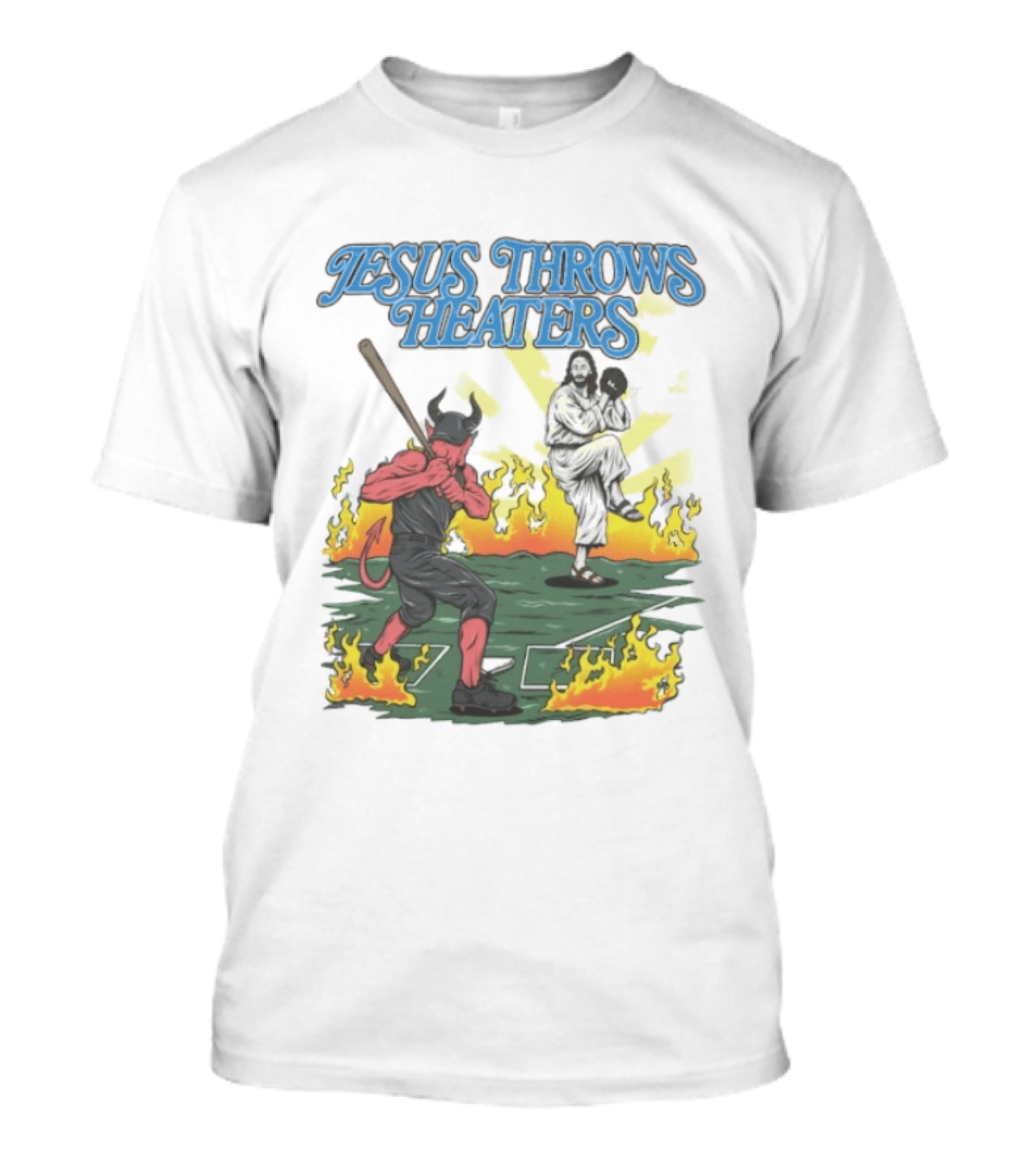 Jesus Throws Heaters Baseball Devil Pitcher Flames T-Shirt