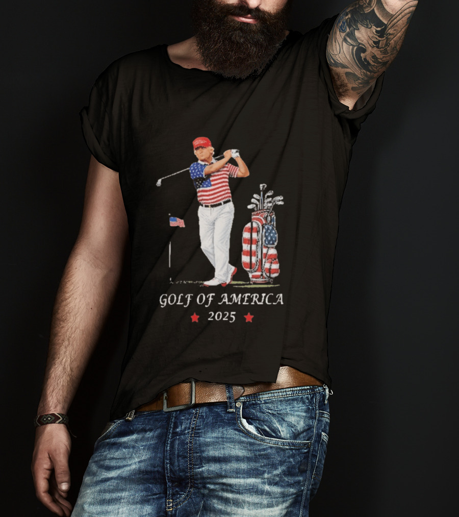 GOLF OF AMERICA 2025 Trump Red Cap Stars Stripes Golf Bag T-Shirt