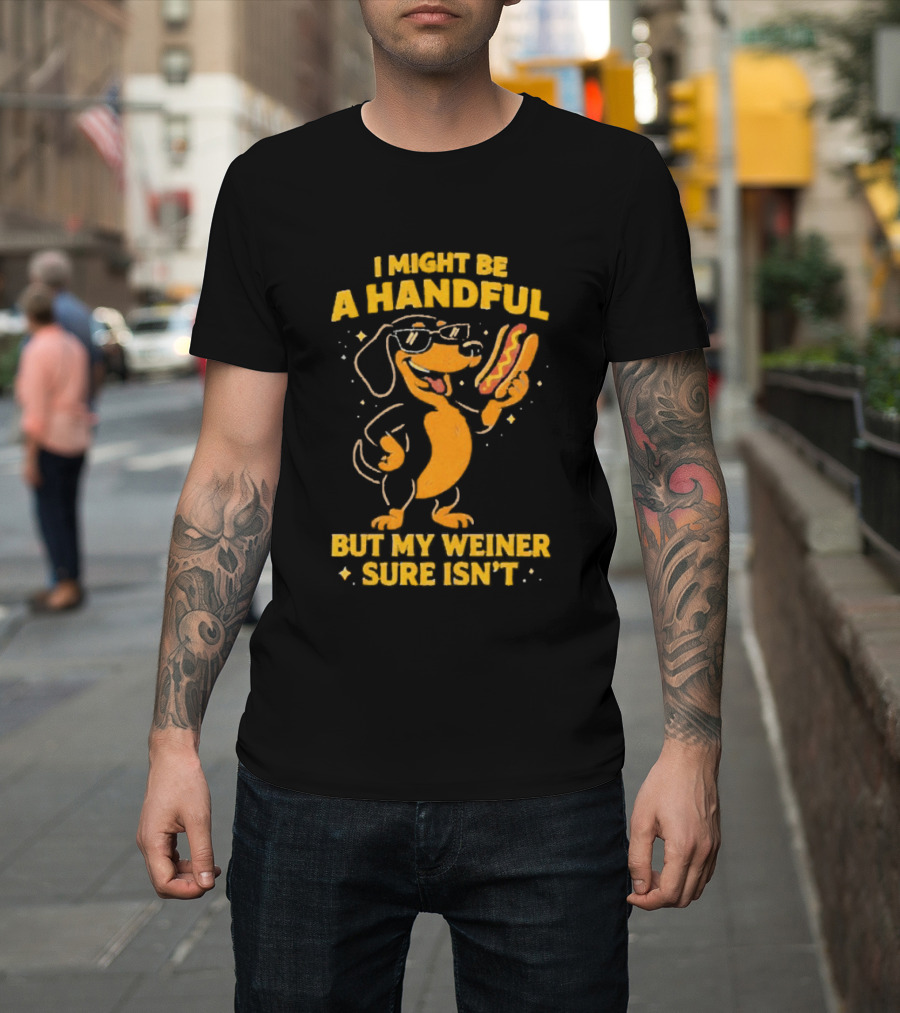 I Might Be A Handful But My Weiner Sure Isn't Hotdog Dog Wearing Glasses Holding Hotdog T-Shirt
