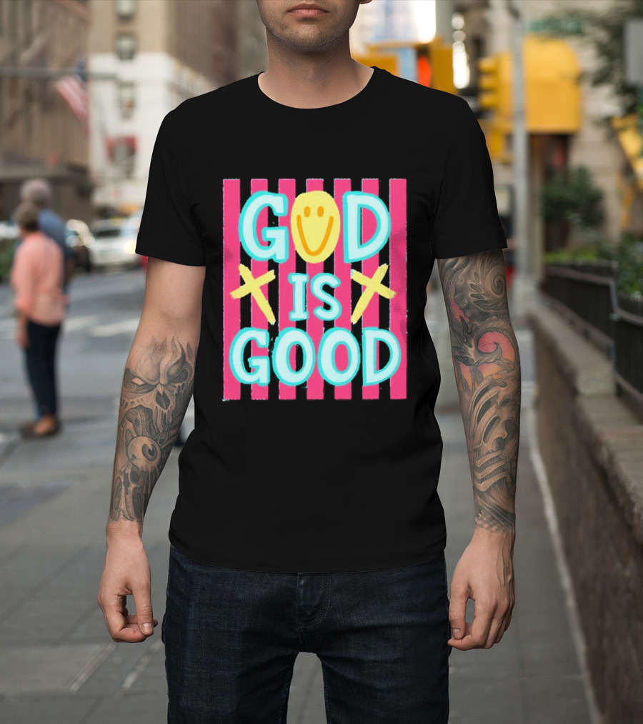 God Is Good Smiley Face Crosses Pink Stripes T-Shirt