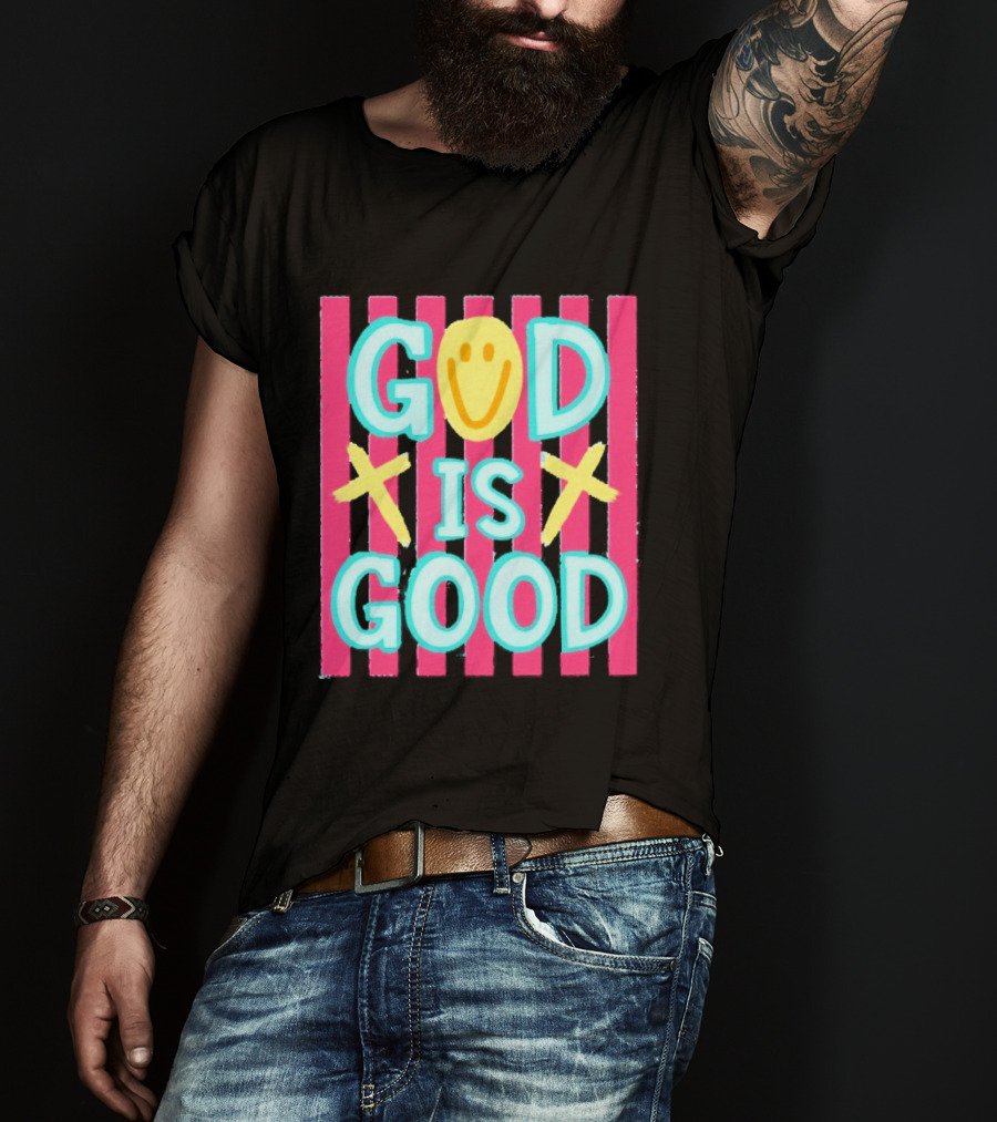 God Is Good Smiley Face Crosses Pink Stripes T-Shirt