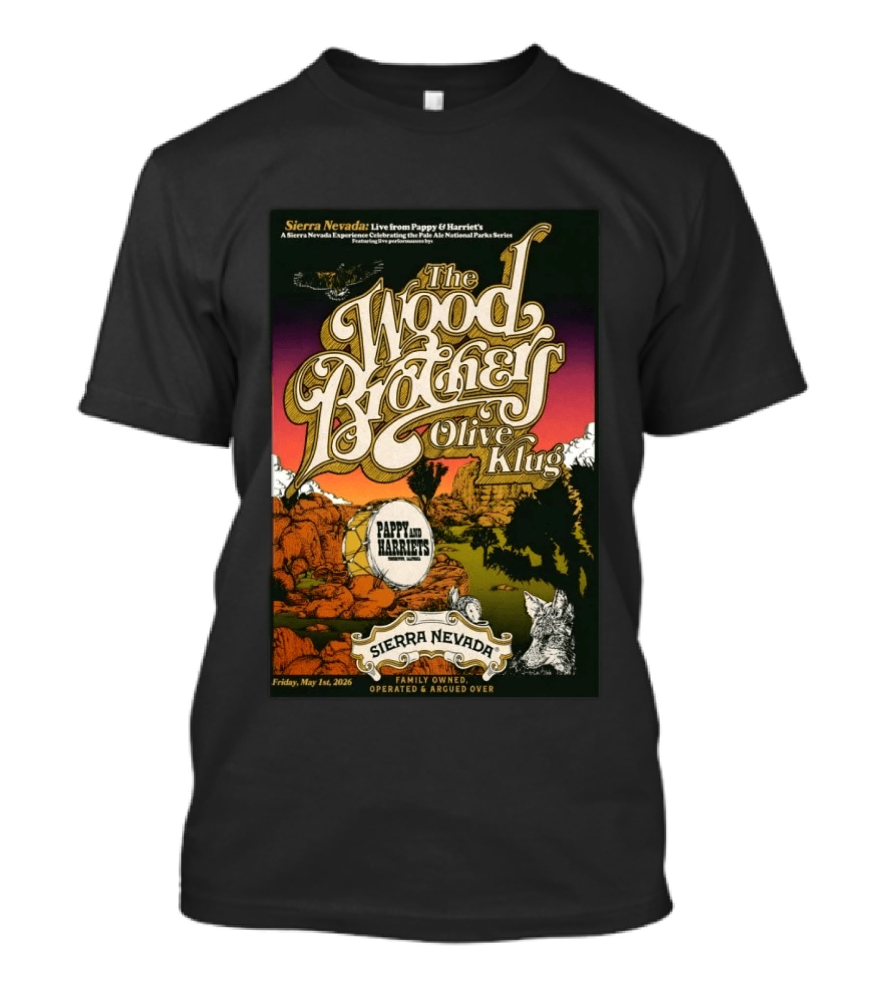 Sierra Nevada Presents The Wood Brothers Olive Klug Live May 1 2026 Pappy & Harriet's Pioneertown CA T-Shirt