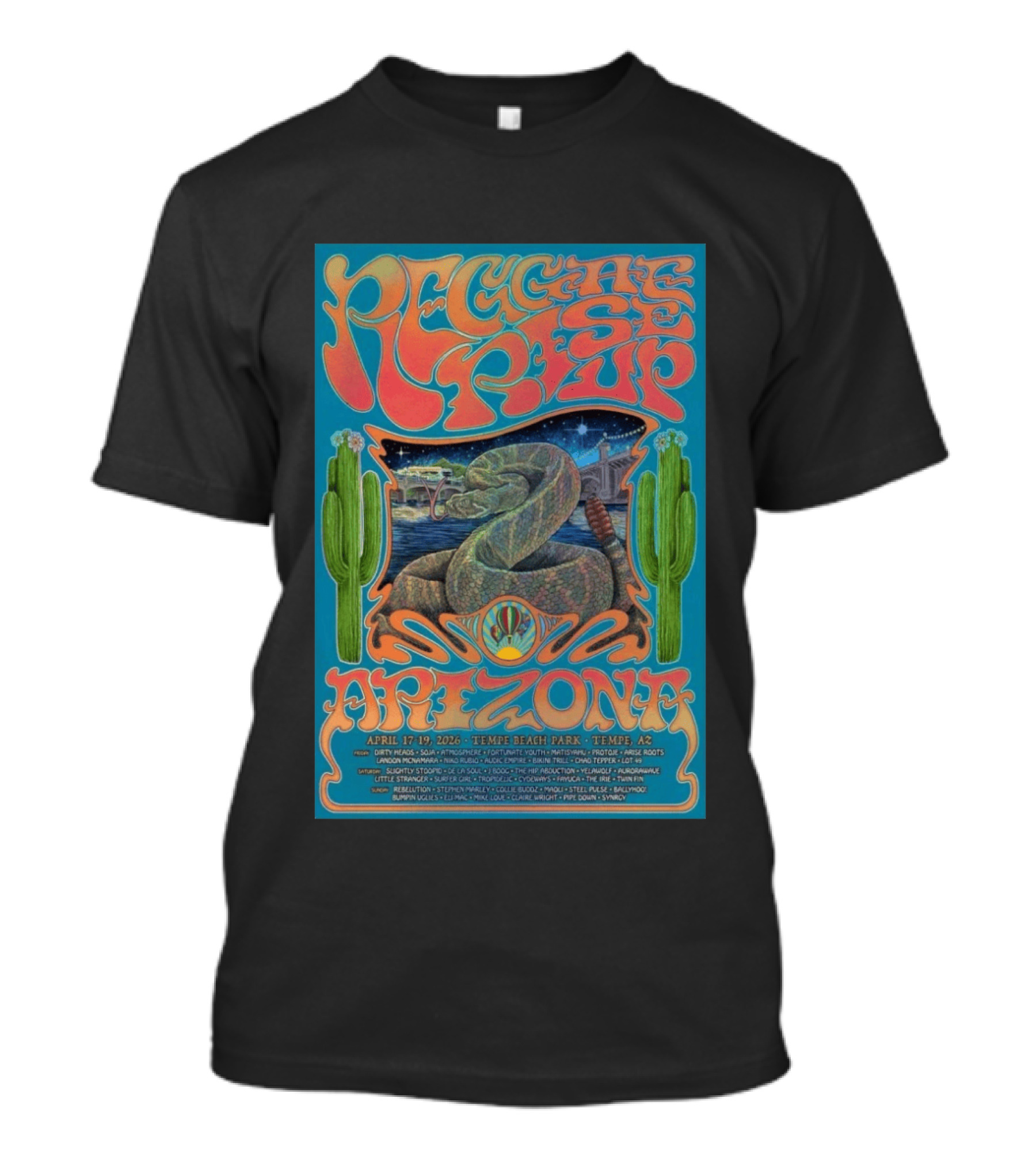 Reggae Rise Up Arizona Festival 2026 Tempe Beach Park April 17 19 Lineup Rebelution Damian Marley Trevor Hall Atmosphere T-Shirt