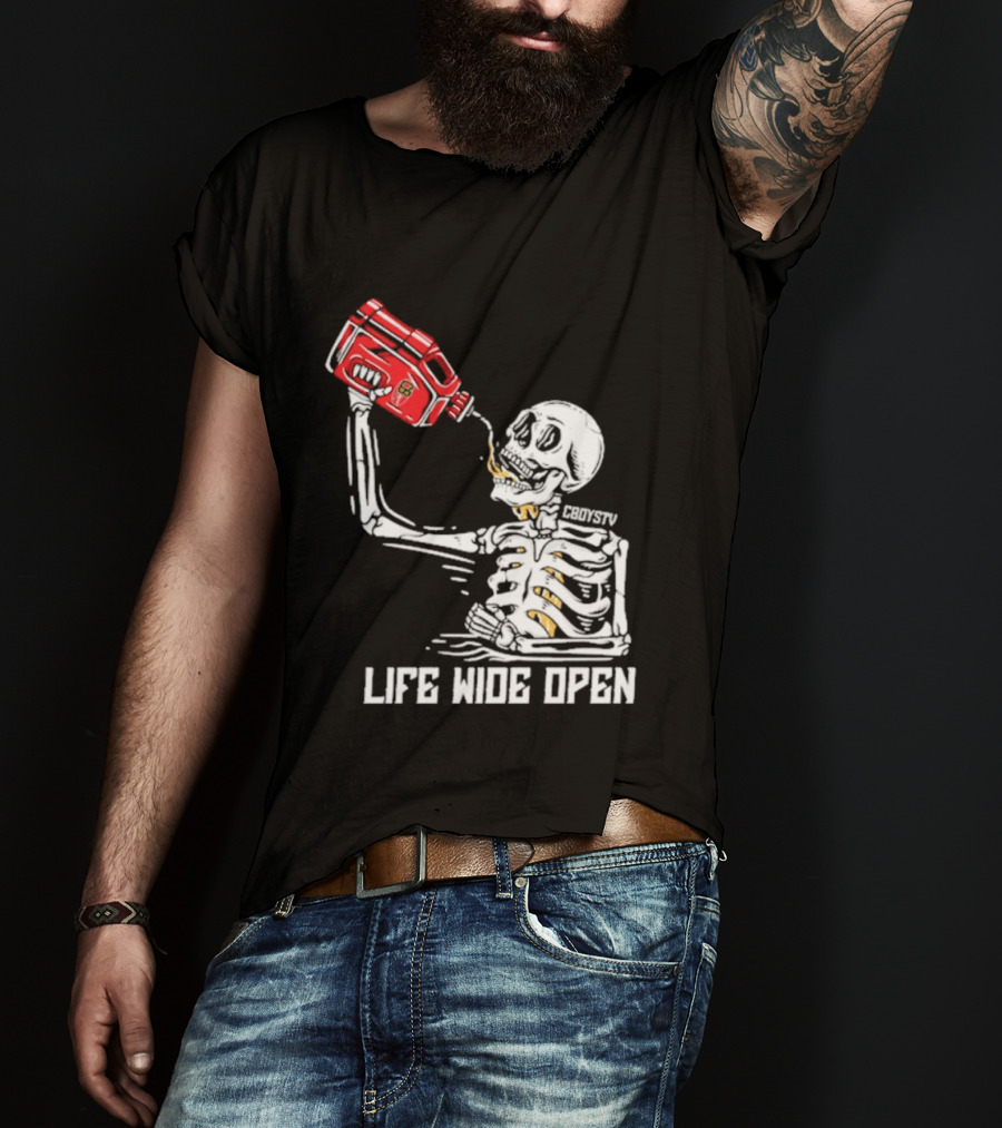 Cboystv Life Wide Open Skeleton Drinking Soul Fuel T-Shirt
