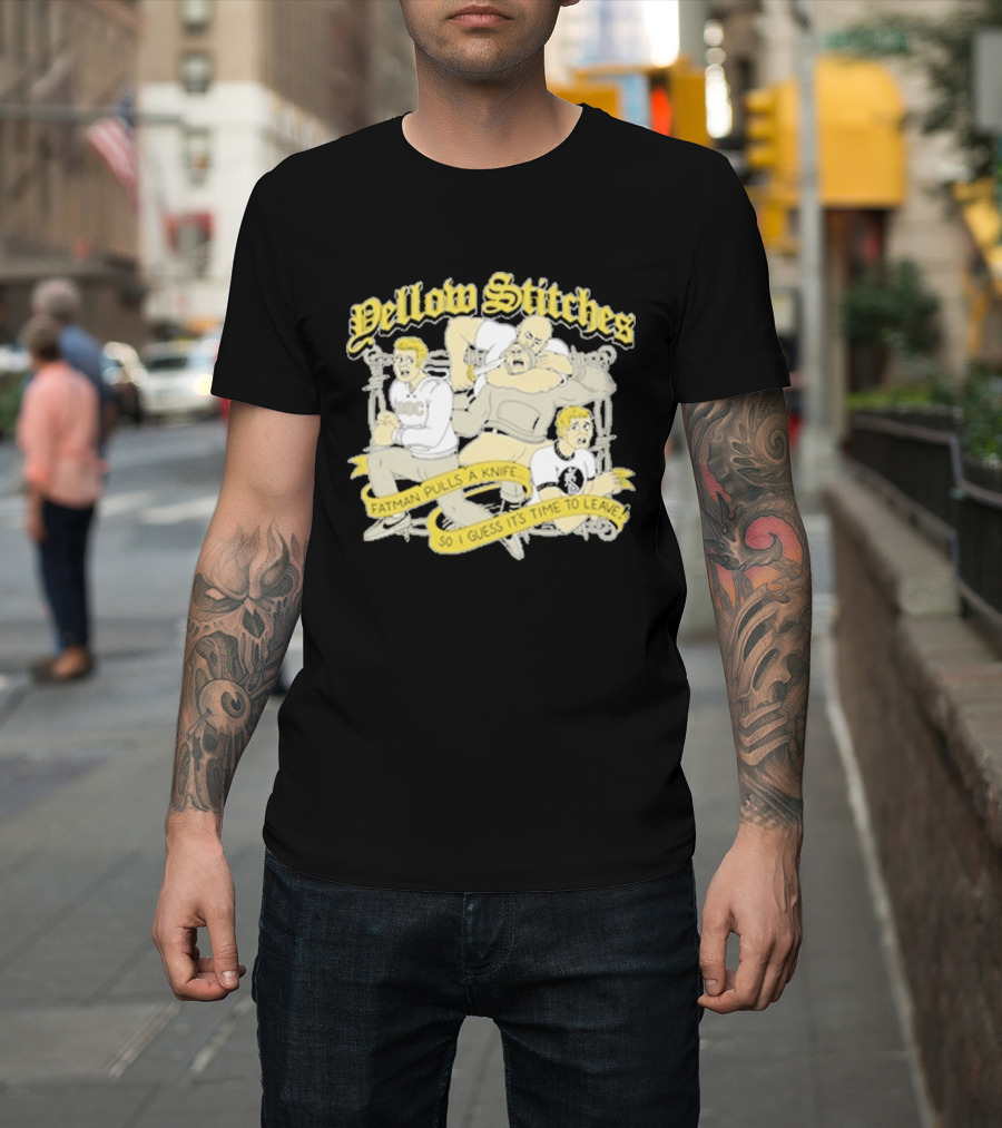 Yellow Stitches Friends Family Forever ROC Fatman Pulls A Knife T-Shirt