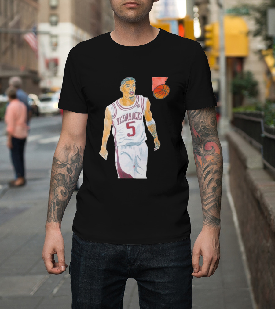 Arkansas Razorbacks Basketball Darius Acuff Jr. Caricature Player Number 5 T-Shirt