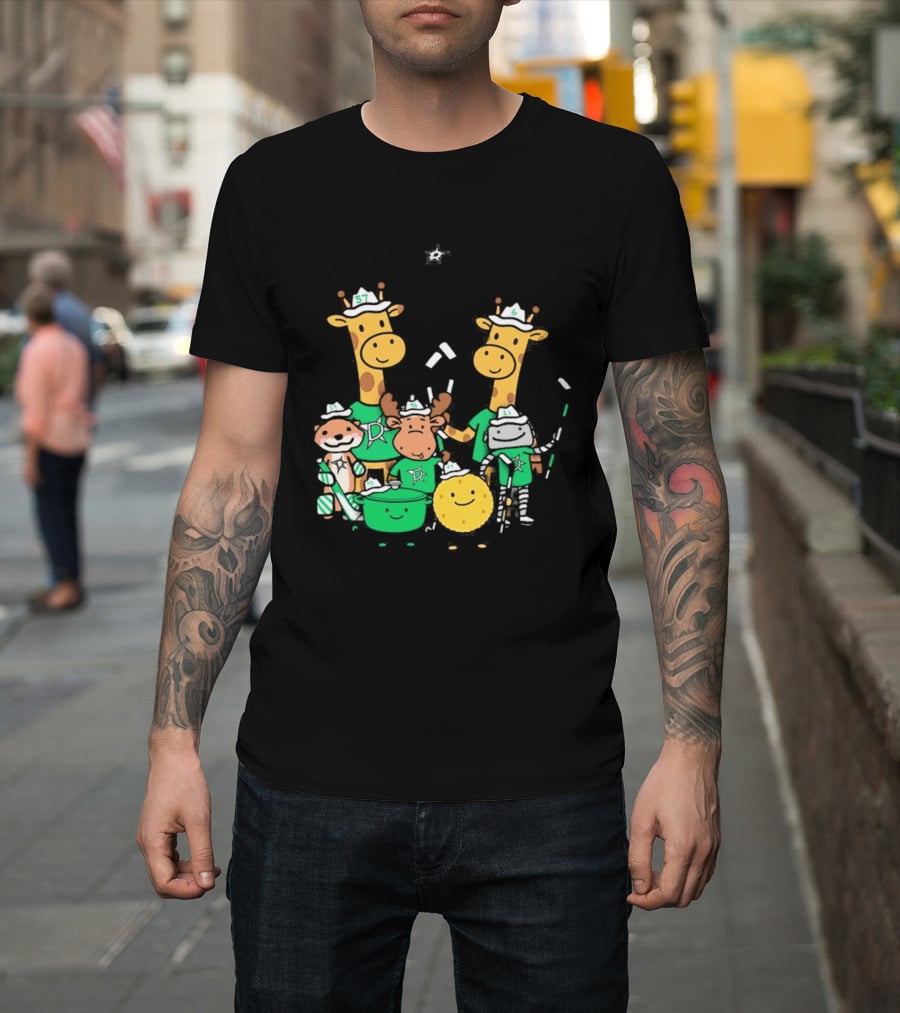Dallas Stars Cartoon Characters Family Fun With Giraffe Moose Dog Bear And Cat T-Shirt