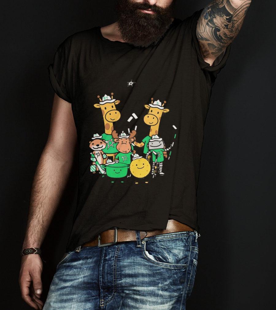 Dallas Stars Cartoon Characters Family Fun With Giraffe Moose Dog Bear And Cat T-Shirt