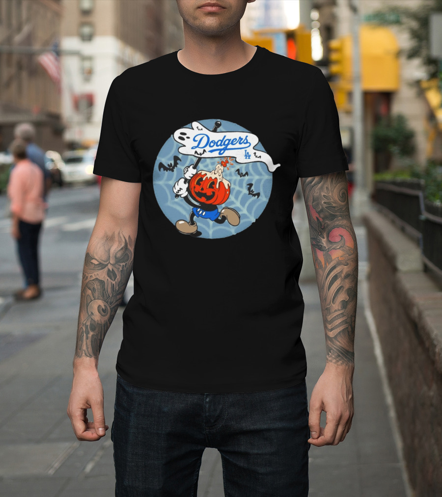 Los Angeles Dodgers Halloween Pumpkin Head Vintage Cartoon With Bats And Webs T-Shirt