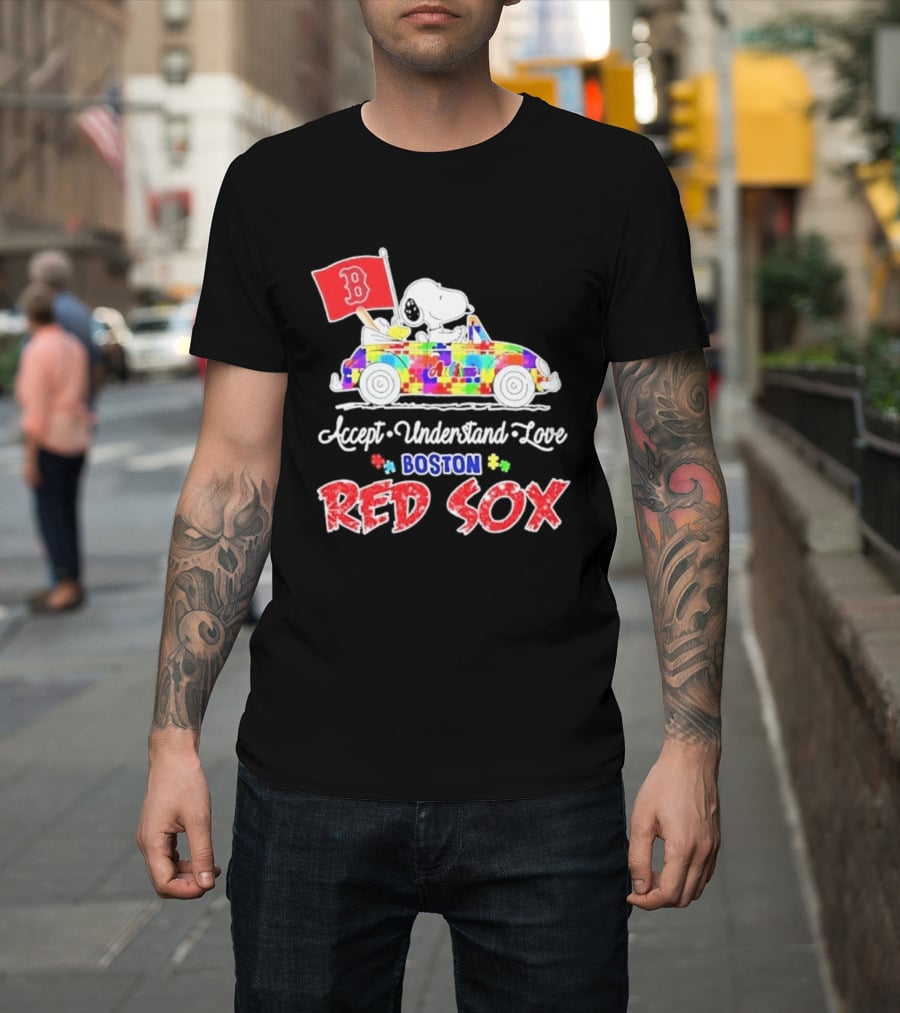 Snoopy Woodstock Boston Red Sox Driving Car Autism Awareness Accept Understand Love 2026 T-Shirt