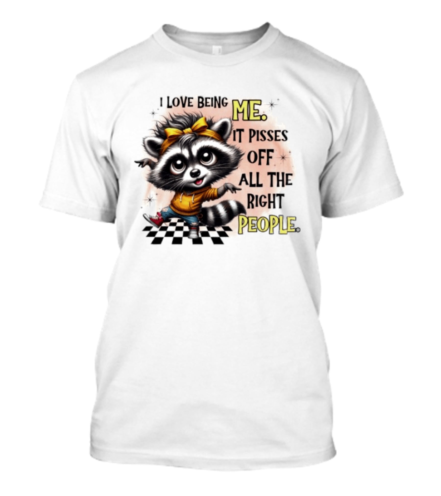 Raccoon I Love Being Me It Pisses Off All The Right People Yellow Bandana Denim Sneakers T-Shirt