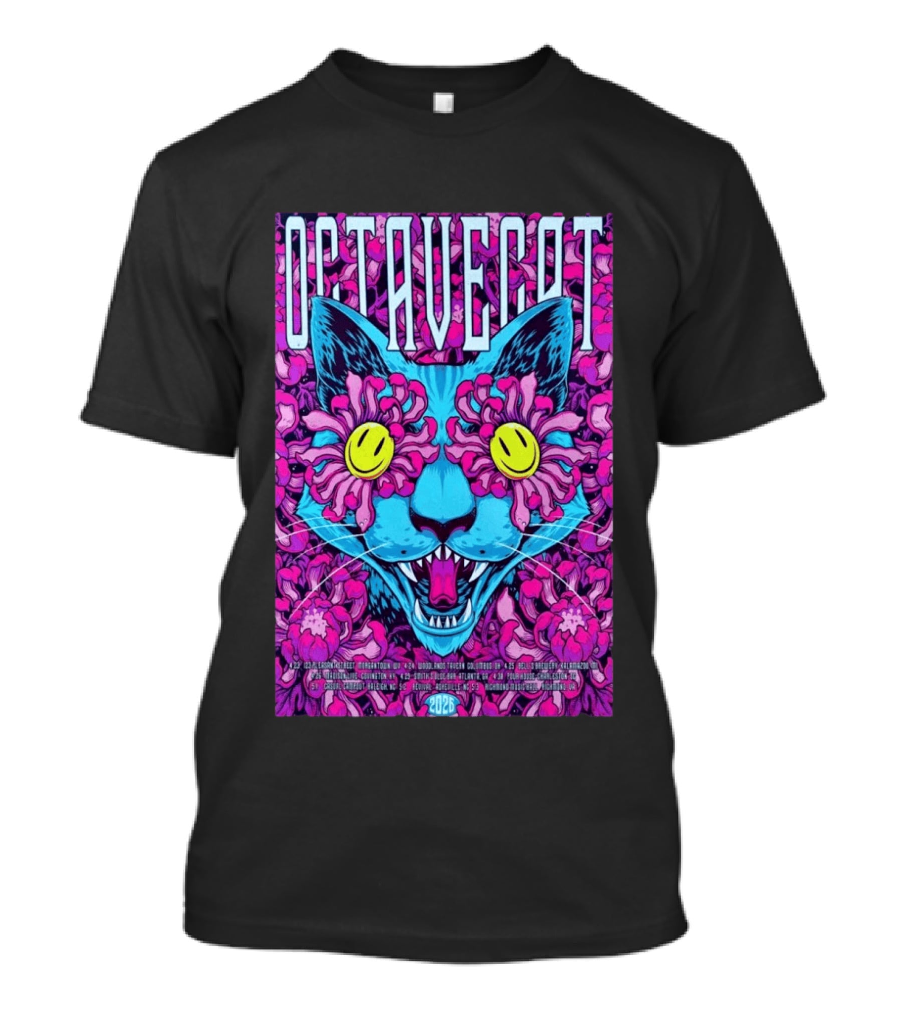 Octave Cat 2026 Psychedelic Spring Tour Dates Floral Cat T-Shirt