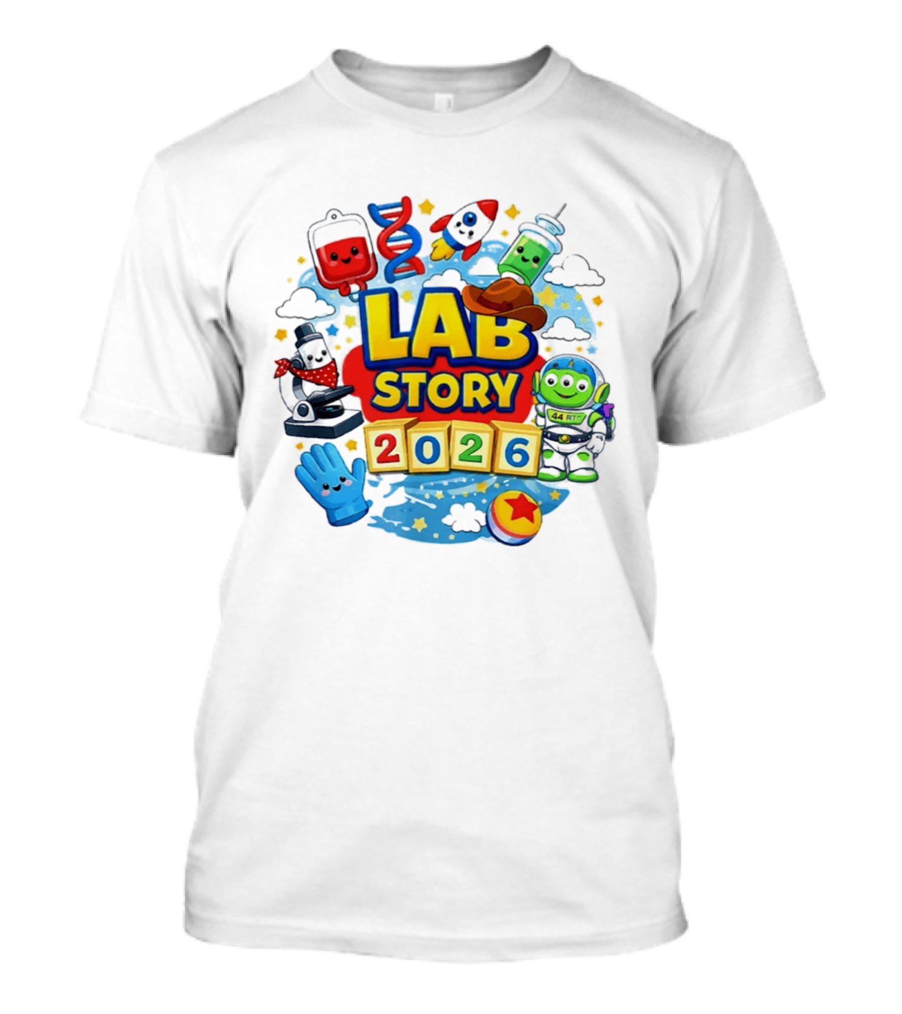 LAB STORY 2026 Cartoon Rocket Alien Science Adventure T-Shirt