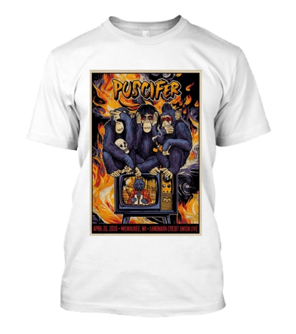 Puscifer April 26 2026 Milwaukee WI Landmark Credit Union Live Monkeys TV Flames T-Shirt