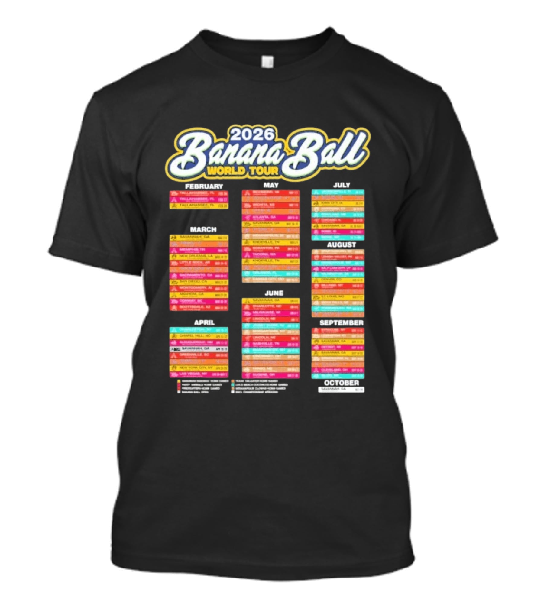 2026 Banana Ball World Tour Schedule With Cities And Dates T-Shirt