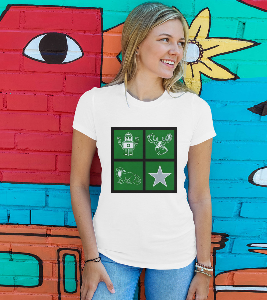 Robot Moose Otter Star Quadrant On Green T-Shirt