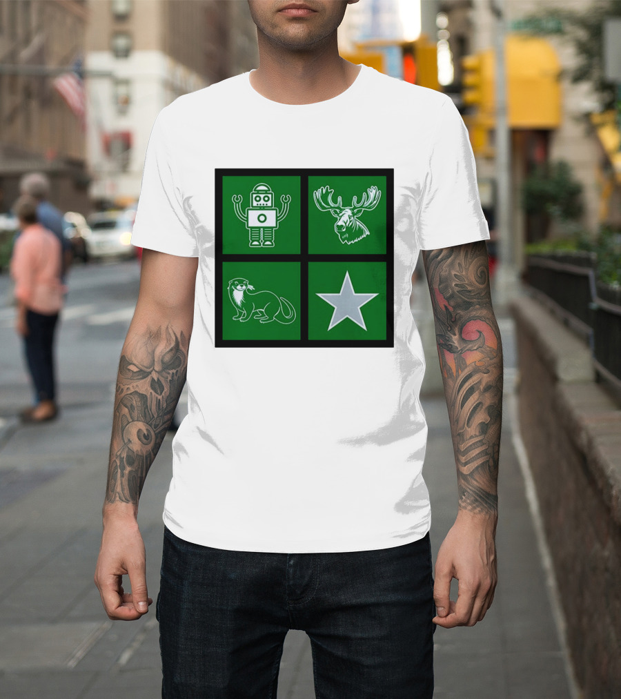 Robot Moose Otter Star Quadrant On Green T-Shirt