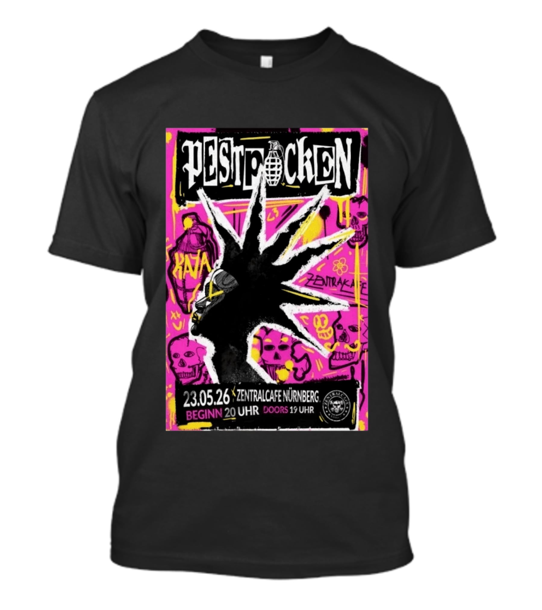PESTPOCKEN May 23 2026 Zentralcafe Nürnberg Punk Grenade Graphic Skulls Graffiti T-Shirt