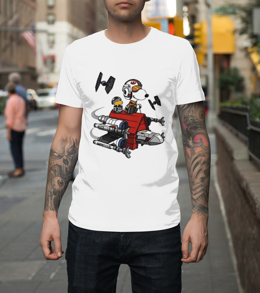 Space Beagle Snoopy Star Wars X Wing Doghouse Woodstock TIE Fighters T-Shirt