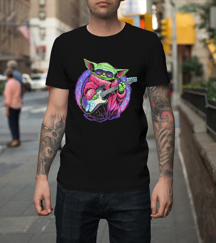 Grogu Electric Galaxy Guitar Blue Neon Lightning T-Shirt