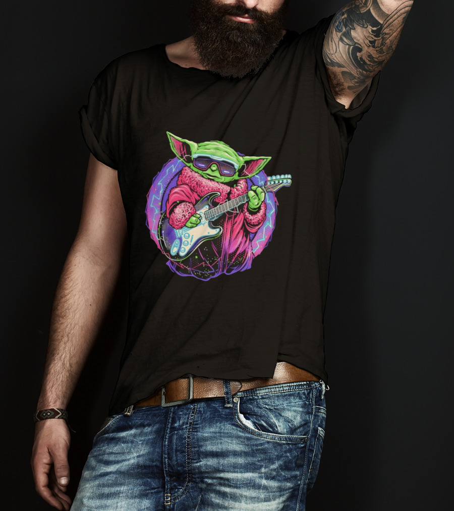 Grogu Electric Galaxy Guitar Blue Neon Lightning T-Shirt