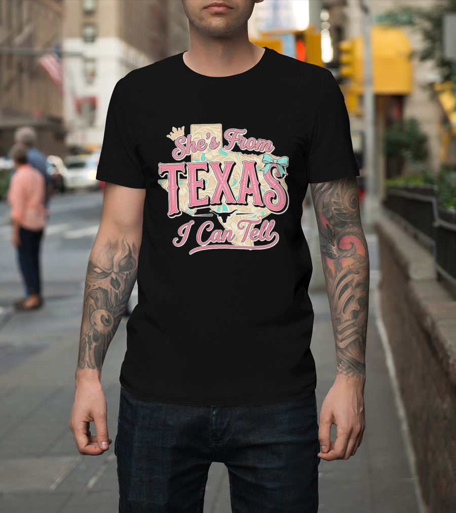 She's From Texas I Can Tell Texas Map Crown Bow T-Shirt