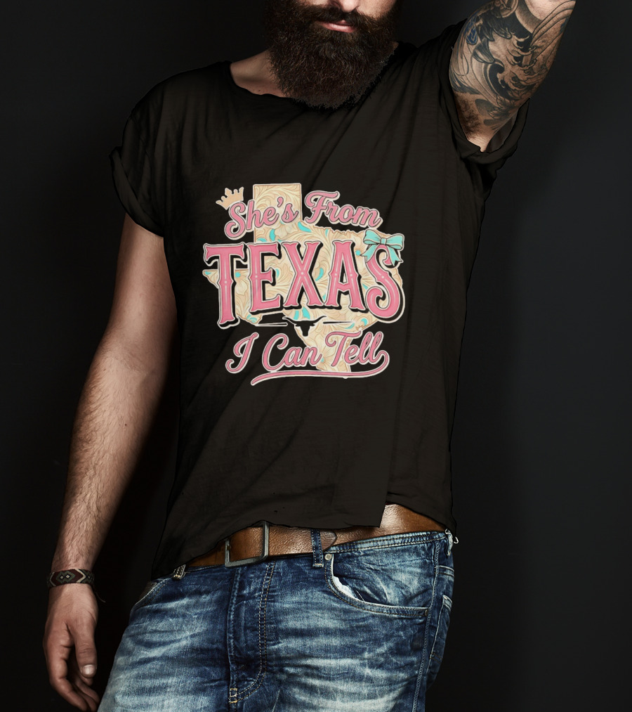 She's From Texas I Can Tell Texas Map Crown Bow T-Shirt