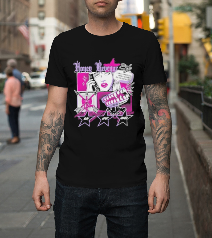 Honey Revenge Comic Style Pink And Black Lips Starburst T-Shirt