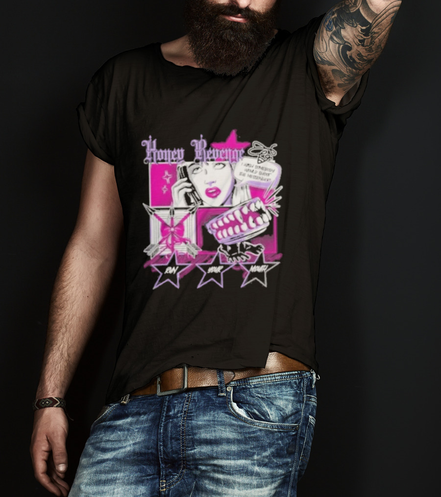 Honey Revenge Comic Style Pink And Black Lips Starburst T-Shirt